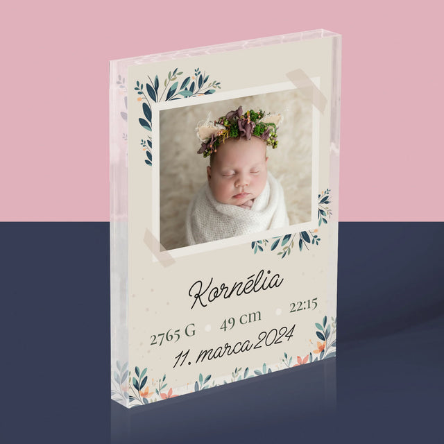 Údaje Narodenia Dieťaťa: Narodenie Dieťaťa Kvety - Akrylový Blok (Vertikálne)