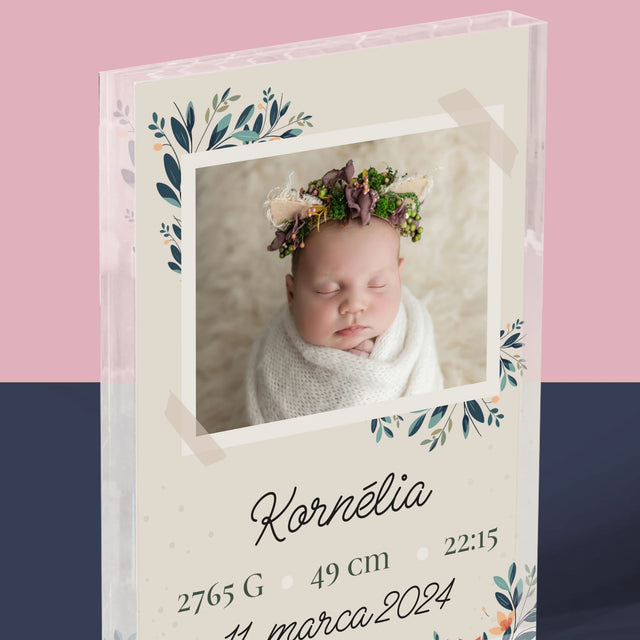 Údaje Narodenia Dieťaťa: Narodenie Dieťaťa Kvety - Akrylový Blok (Vertikálne)