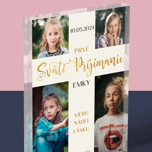 Fotokoláž: Prvé Sväté Prijímanie Kríž - Akrylový Blok (Vertikálne)
