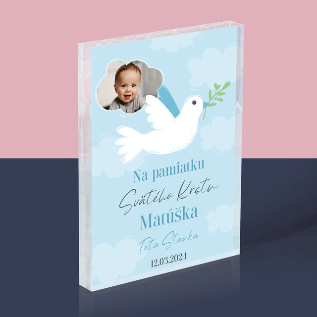 Fotografia A Podpis: Pamiatka Krstu Holubica - Akrylový Blok (Vertikálne)