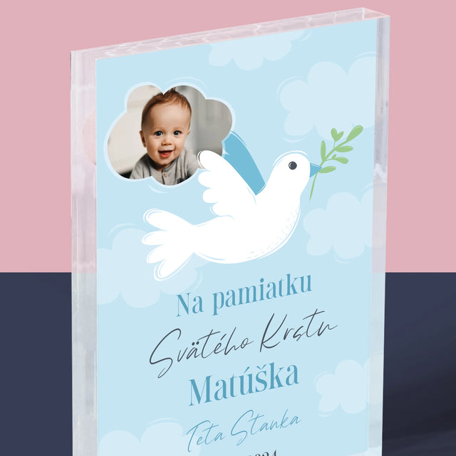 Fotografia A Podpis: Pamiatka Krstu Holubica - Akrylový Blok (Vertikálne)