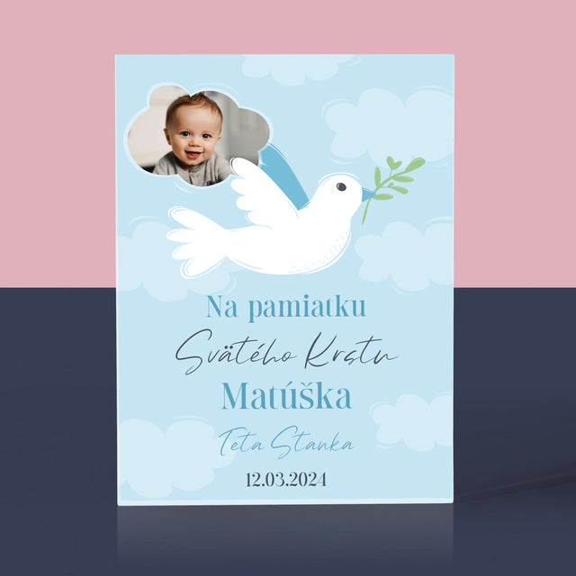 Fotografia A Podpis: Pamiatka Krstu Holubica - Akrylový Blok (Vertikálne)