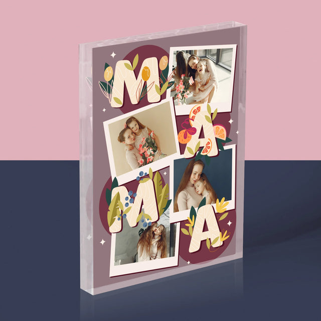 Fotokoláž: Písmená Mama - Akrylový Blok (Vertikálne)