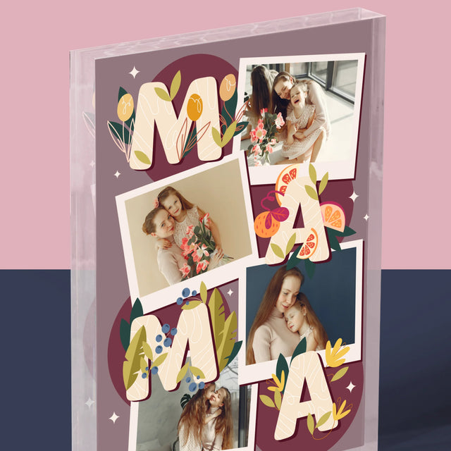 Fotokoláž: Písmená Mama - Akrylový Blok (Vertikálne)