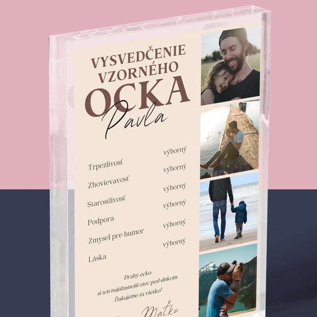 Fotokoláž: Vysvedčenie Vzorného Ocka - Akrylový Blok (Vertikálne)