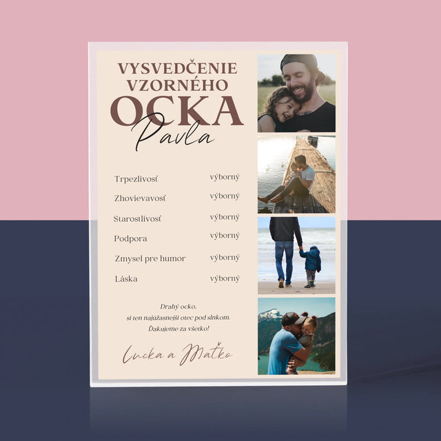 Fotokoláž: Vysvedčenie Vzorného Ocka - Akrylový Blok (Vertikálne)