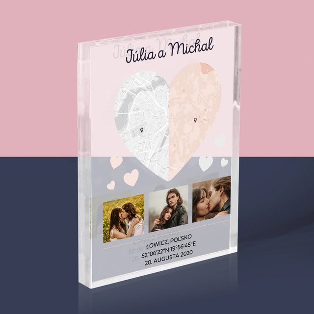 Mapa Mesta: Dve Polovice Jedného Srdca - Akrylový Blok (Vertikálne)