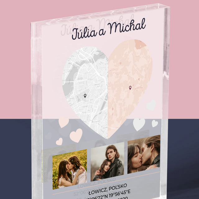 Mapa Mesta: Dve Polovice Jedného Srdca - Akrylový Blok (Vertikálne)