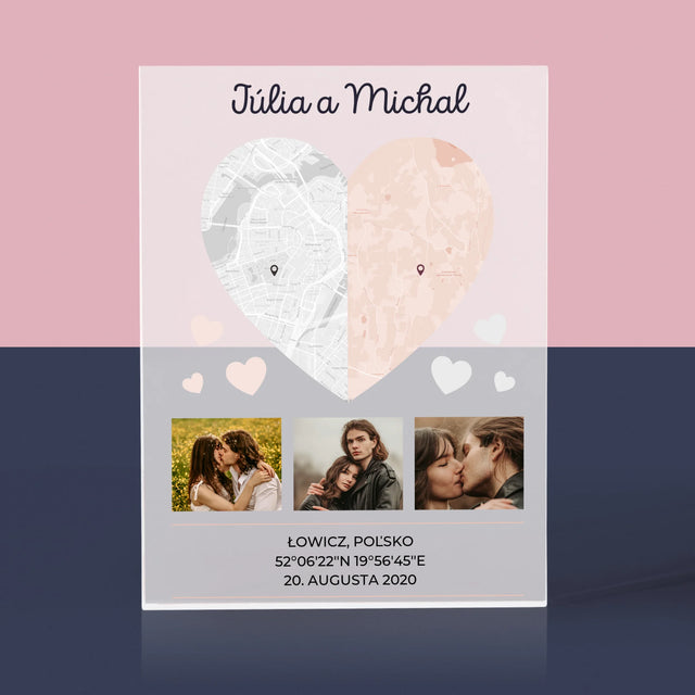 Mapa Mesta: Dve Polovice Jedného Srdca - Akrylový Blok (Vertikálne)