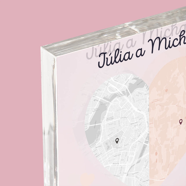 Mapa Mesta: Dve Polovice Jedného Srdca - Akrylový Blok (Vertikálne)