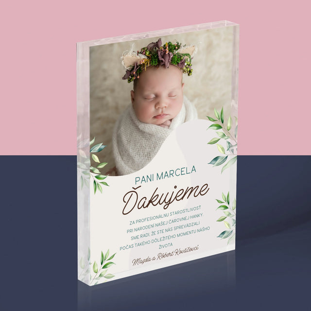Fotografia A Podpis: Poďakovanie Pre Pôrodnú Asistentku - Akrylový Blok (Vertikálne)