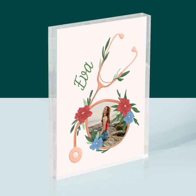 Fotografia A Podpis: Stetoskop Kvety - Akrylový Blok (Vertikálne)