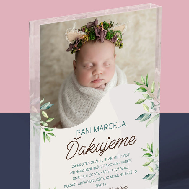 Fotografia A Podpis: Poďakovanie Pre Pôrodnú Asistentku - Akrylový Blok (Vertikálne)