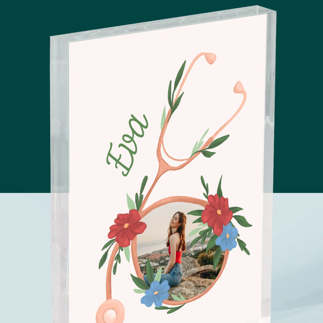 Fotografia A Podpis: Stetoskop Kvety - Akrylový Blok (Vertikálne)