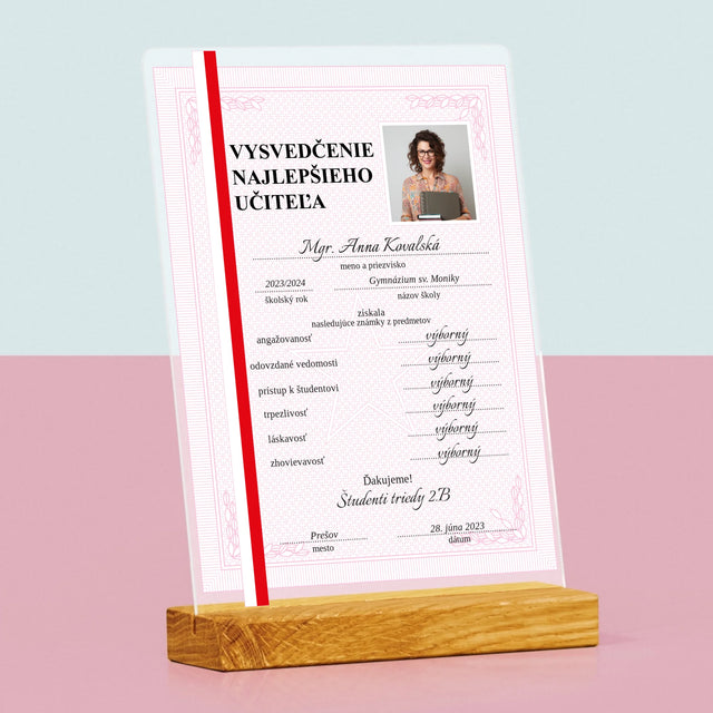 Fotografia A Podpis: Vysvedčenie Najlepšieho Učiteľa - Tlač Na Akrylové Sklo (Vertikálne)