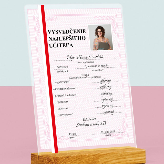 Fotografia A Podpis: Vysvedčenie Najlepšieho Učiteľa - Tlač Na Akrylové Sklo (Vertikálne)