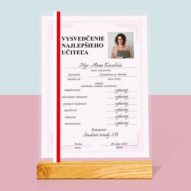 Fotografia A Podpis: Vysvedčenie Najlepšieho Učiteľa - Tlač Na Akrylové Sklo (Vertikálne)