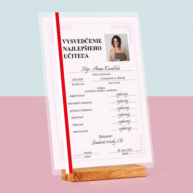 Fotografia A Podpis: Vysvedčenie Najlepšieho Učiteľa - Tlač Na Akrylové Sklo (Vertikálne)
