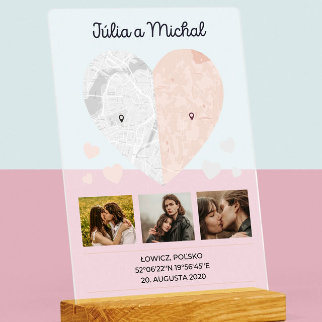 Mapa Mesta: Dve Polovice Jedného Srdca - Tlač Na Akrylové Sklo (Vertikálne)