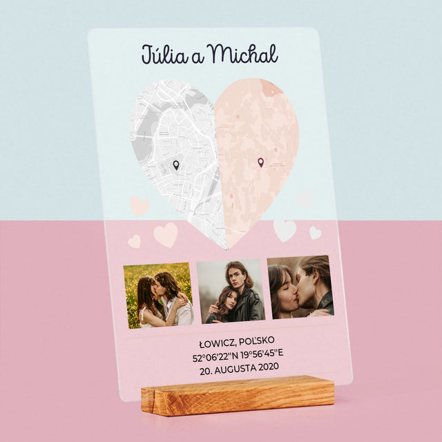 Mapa Mesta: Dve Polovice Jedného Srdca - Tlač Na Akrylové Sklo (Vertikálne)