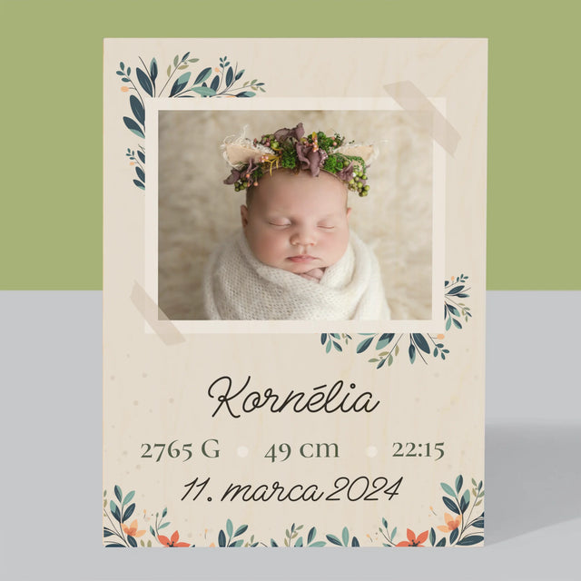 Údaje Narodenia Dieťaťa: Narodenie Dieťaťa Kvety - Tlač Na Drevo (Vertikálne)