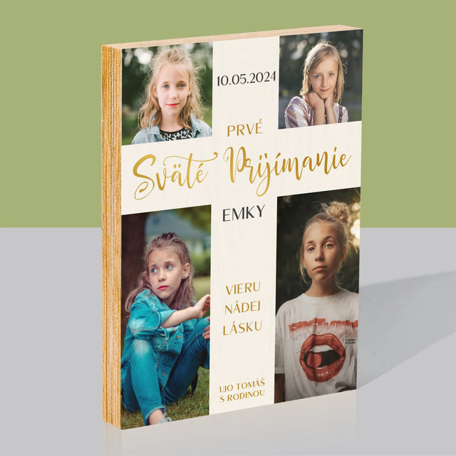 Fotokoláž: Prvé Sväté Prijímanie Kríž - Tlač Na Drevo (Vertikálne)