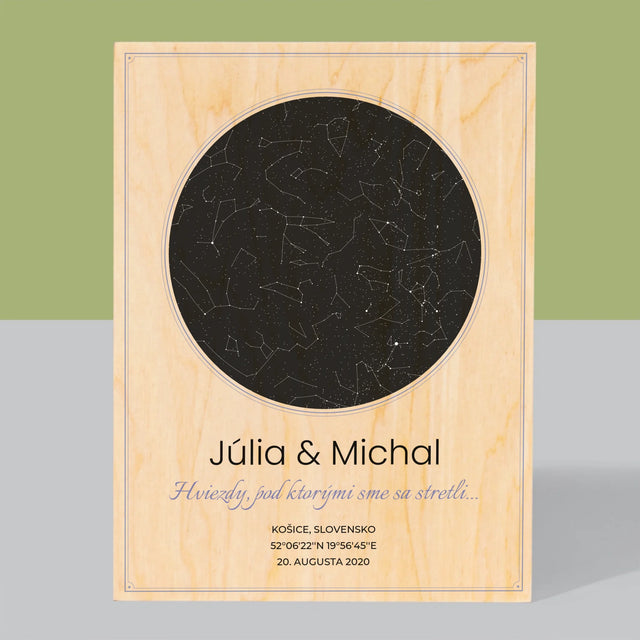 Mapa Hviezd: Mapa Hviezd: Pod Hviezdami - Tlač Na Drevo (Vertikálne)