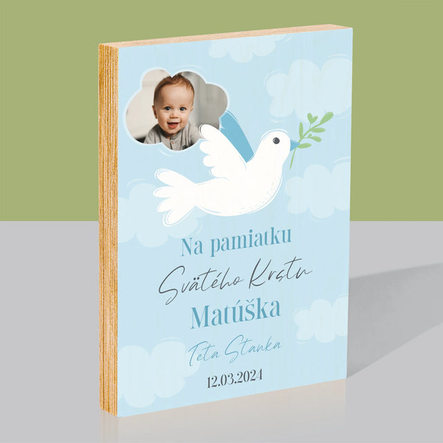 Fotografia A Podpis: Pamiatka Krstu Holubica - Tlač Na Drevo (Vertikálne)