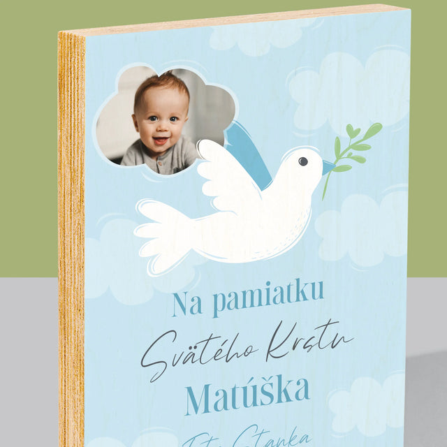 Fotografia A Podpis: Pamiatka Krstu Holubica - Tlač Na Drevo (Vertikálne)