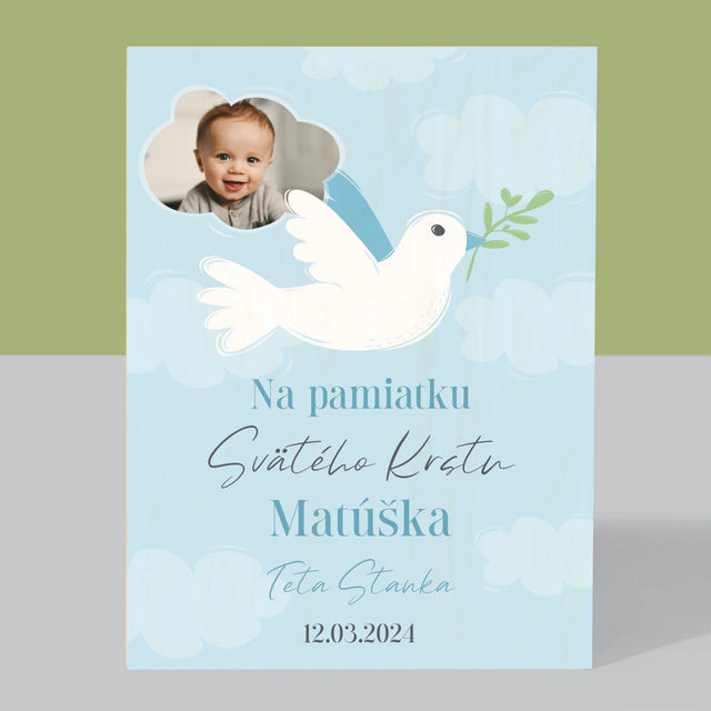 Fotografia A Podpis: Pamiatka Krstu Holubica - Tlač Na Drevo (Vertikálne)