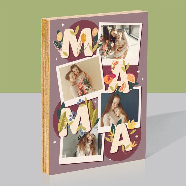 Fotokoláž: Písmená Mama - Tlač Na Drevo (Vertikálne)