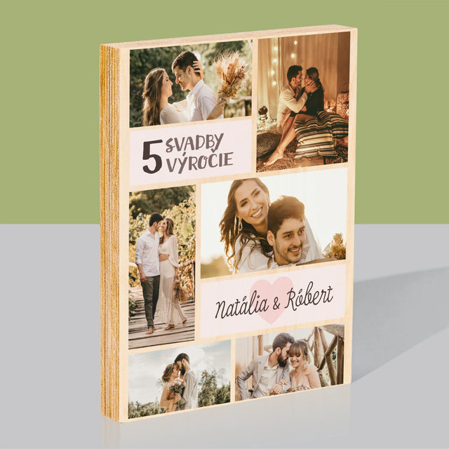 Fotokoláž: 5. Výročie Svadby - Tlač Na Drevo (Vertikálne)