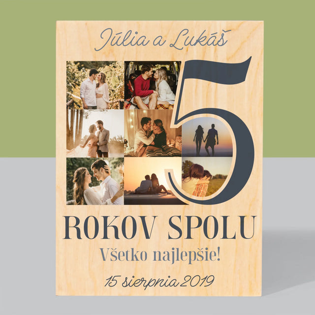 Fotokoláž: 5 Rokov Spolu - Tlač Na Drevo (Vertikálne)