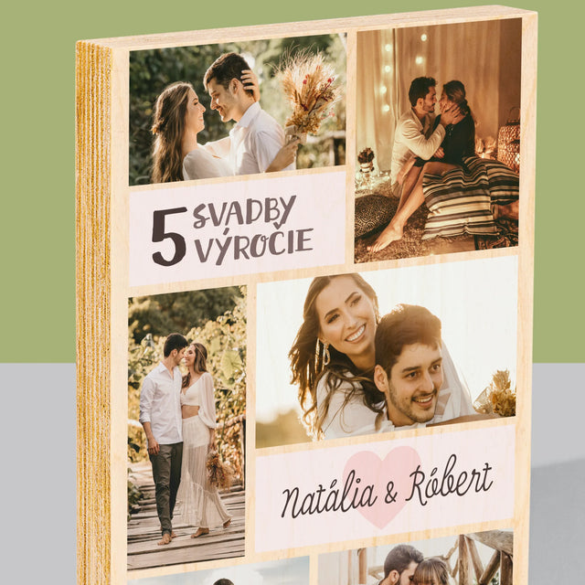 Fotokoláž: 5. Výročie Svadby - Tlač Na Drevo (Vertikálne)