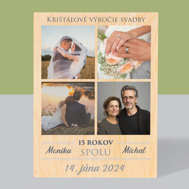 Fotokoláž: Krištáľové Výročie Svadby - Tlač Na Drevo (Vertikálne)