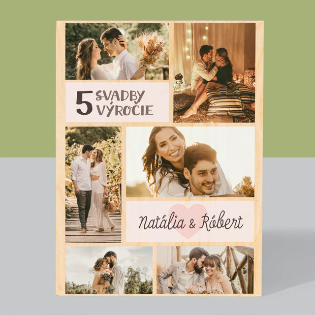 Fotokoláž: 5. Výročie Svadby - Tlač Na Drevo (Vertikálne)