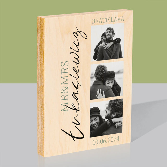 Fotokoláž: Mr&Mrs Svadobné - Tlač Na Drevo (Vertikálne)