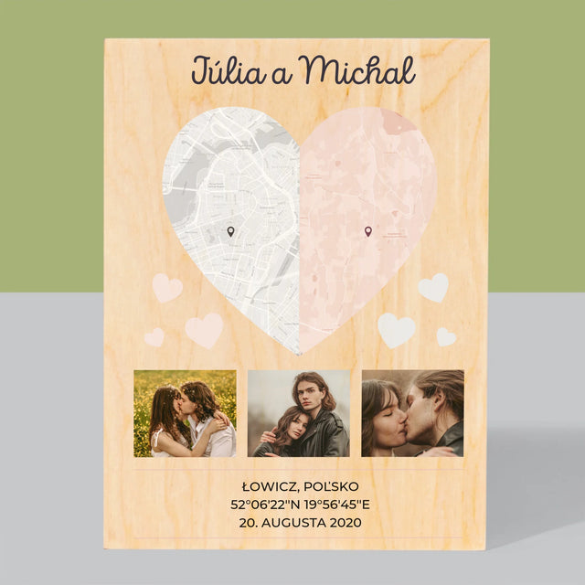 Mapa Mesta: Dve Polovice Jedného Srdca - Tlač Na Drevo (Vertikálne)