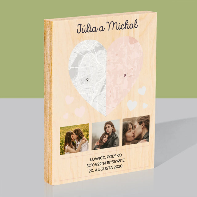 Mapa Mesta: Dve Polovice Jedného Srdca - Tlač Na Drevo (Vertikálne)