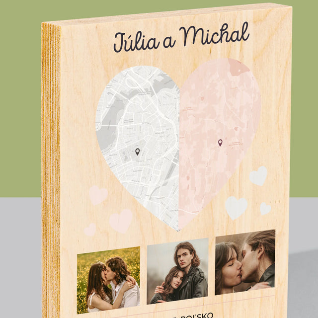 Mapa Mesta: Dve Polovice Jedného Srdca - Tlač Na Drevo (Vertikálne)