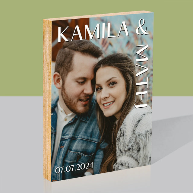 Fotografia A Podpis: Mená Svadba - Tlač Na Drevo (Vertikálne)