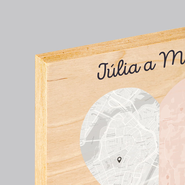 Mapa Mesta: Dve Polovice Jedného Srdca - Tlač Na Drevo (Vertikálne)