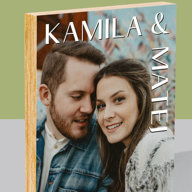 Fotografia A Podpis: Mená Svadba - Tlač Na Drevo (Vertikálne)