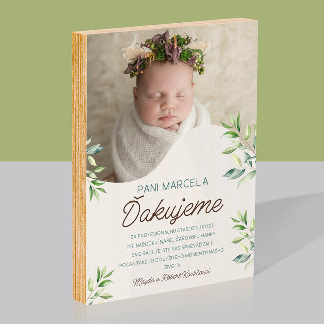 Fotografia A Podpis: Poďakovanie Pre Pôrodnú Asistentku - Tlač Na Drevo (Vertikálne)
