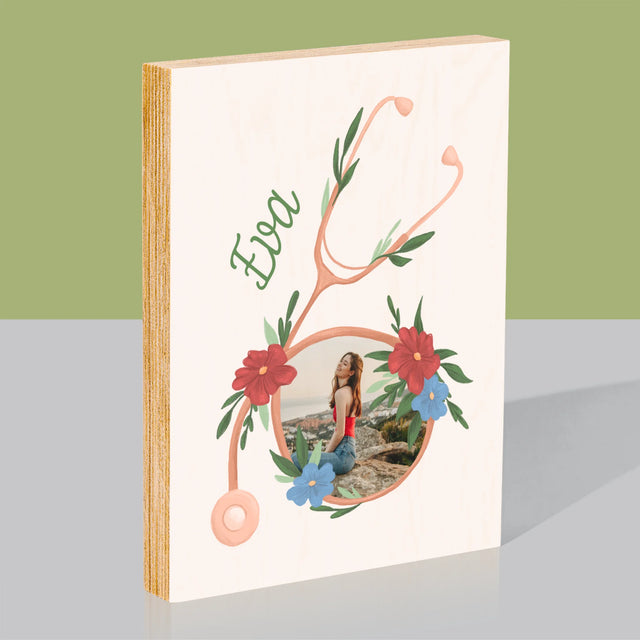 Fotografia A Podpis: Stetoskop Kvety - Tlač Na Drevo (Vertikálne)