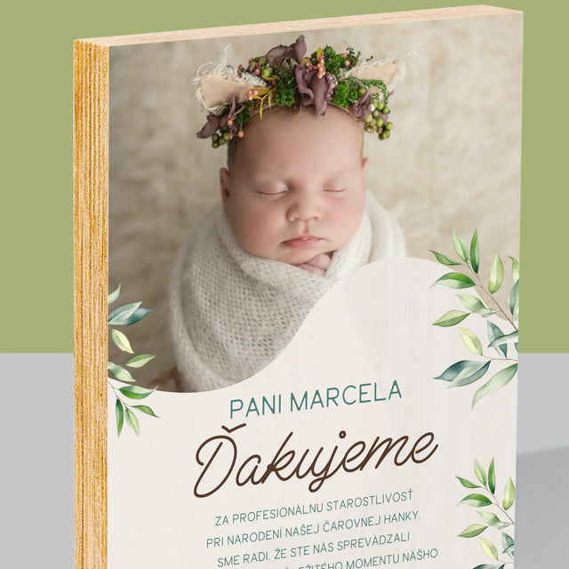 Fotografia A Podpis: Poďakovanie Pre Pôrodnú Asistentku - Tlač Na Drevo (Vertikálne)