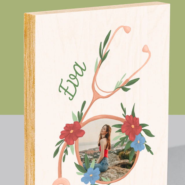 Fotografia A Podpis: Stetoskop Kvety - Tlač Na Drevo (Vertikálne)