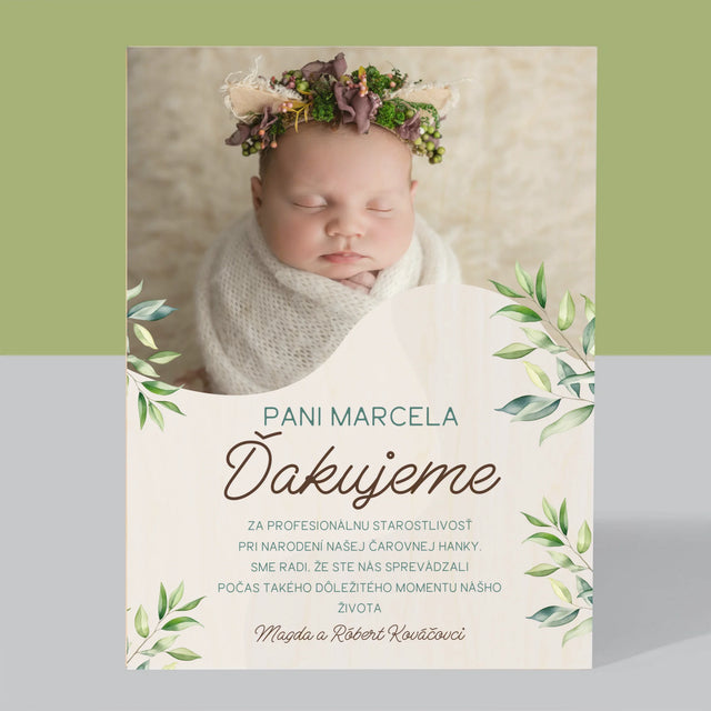 Fotografia A Podpis: Poďakovanie Pre Pôrodnú Asistentku - Tlač Na Drevo (Vertikálne)
