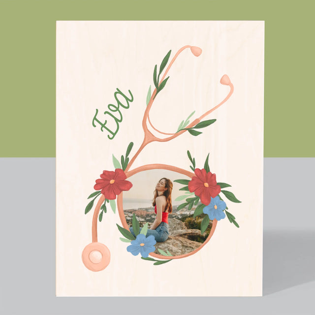 Fotografia A Podpis: Stetoskop Kvety - Tlač Na Drevo (Vertikálne)