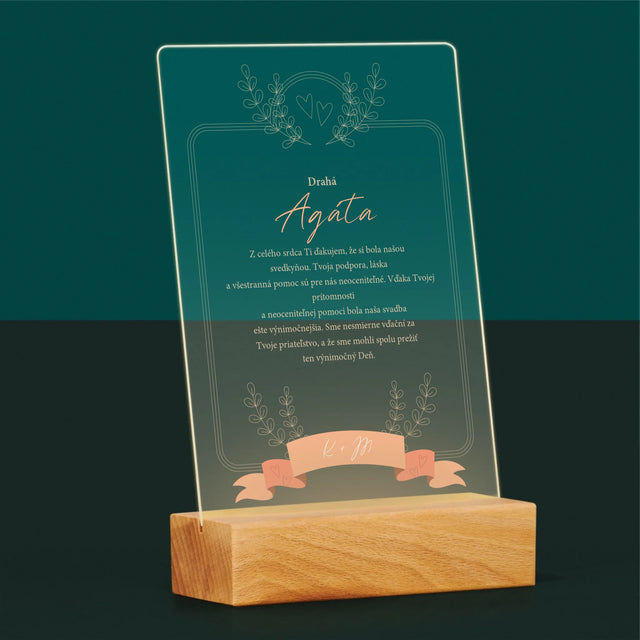 Meno A Podpis: Poďakovanie Pre Svedkyňu - Tlač Na Akrylové Sklo (Vertikálne)